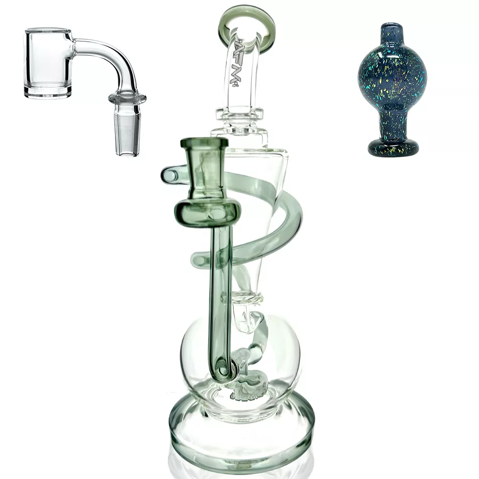 10.5 ” AFM Glass Swirly Wiry Glass Recycler Dab Rig + Quartz Banger & Carb Cap Bundle