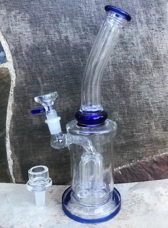 10.5 ” Bent Neck Thick Glass Water Rig with 4 Arm Shower Perc’s & 2 -14mm Bowls – Dark Blu