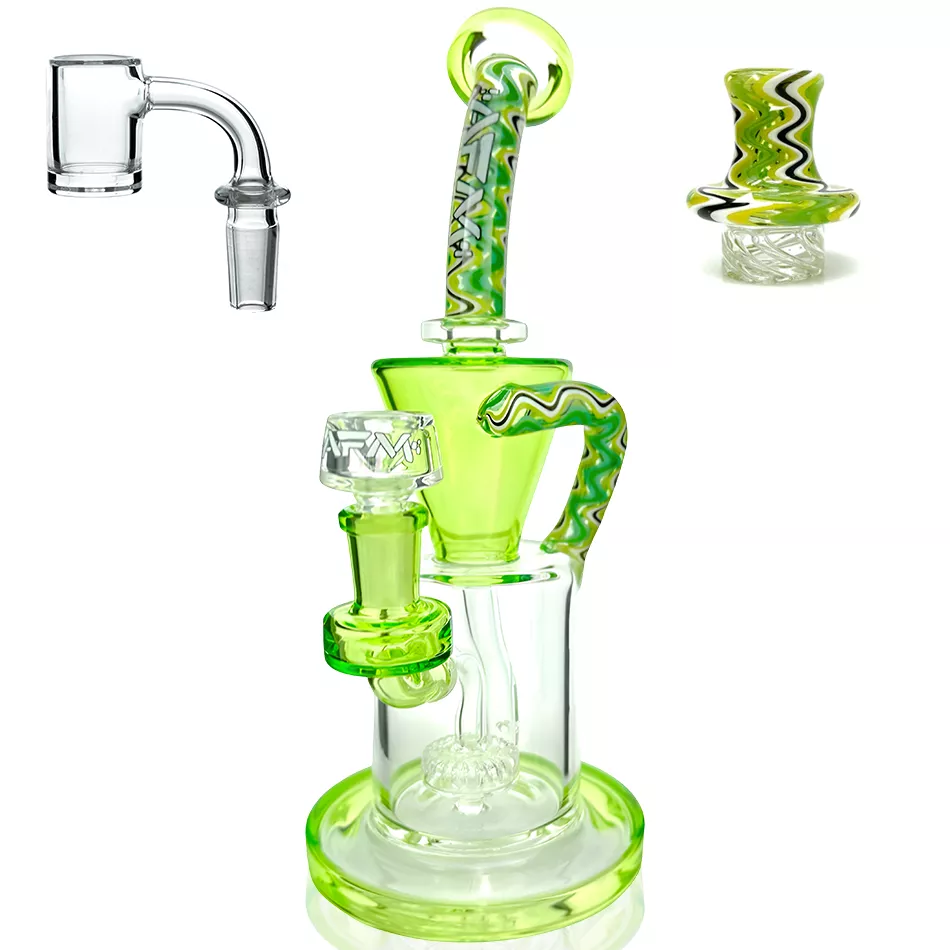 10 ” AFM Glass Drain Incycler Reversal Showerhead Dab Rig + Quartz Banger & Carb Cap Bundle