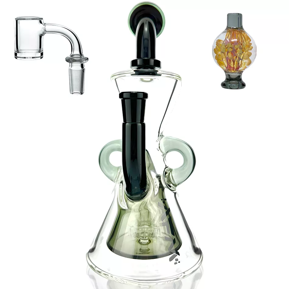 10″ AFM Glass Hour Glass Colored Recycler Dab Rig + Quartz Banger Bundle