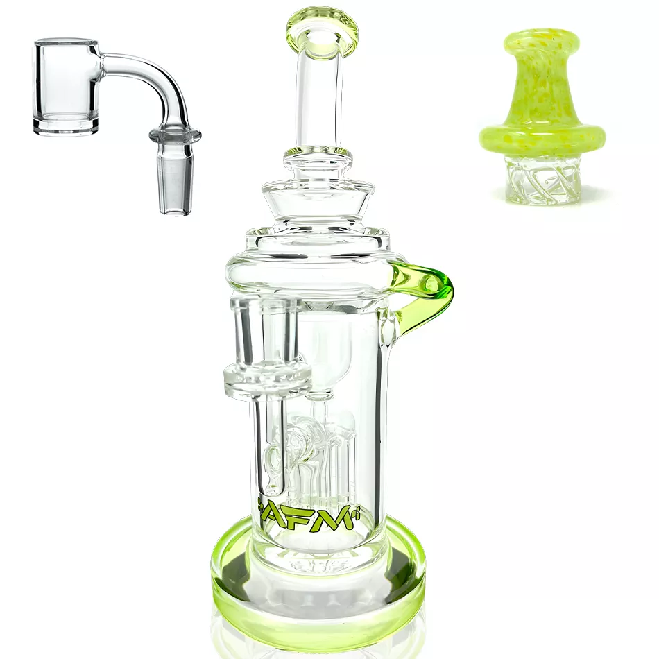 10″ AFM Glass Power Station Color Lip Glass Recycler Dab Rig + Quartz Banger & Carb Cap Bundle