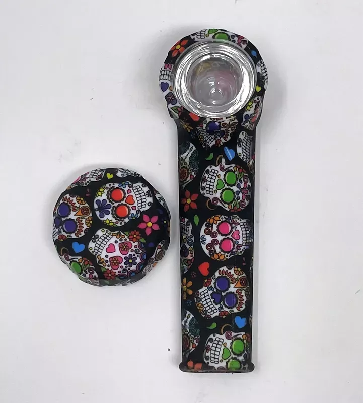 3.5 ” Silicone Hand Spoon Pipe w/Glass Bowl & Cap -Mardi Gras Skull Design