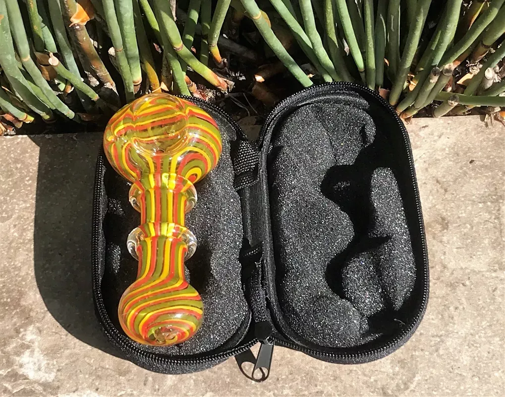 4 ” Yellow, Red & Green Rasta Spoon/Hand Pipe w/Padded Zip Pouch in Jet Black