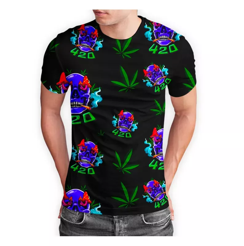 420 Skull Cannabis Leaf Black Short Sleeve T-Shirt Pack of 5 Units 1-M, 1-L, 1-XL, 1-XXL, 1-XXXL — 100% Polyester