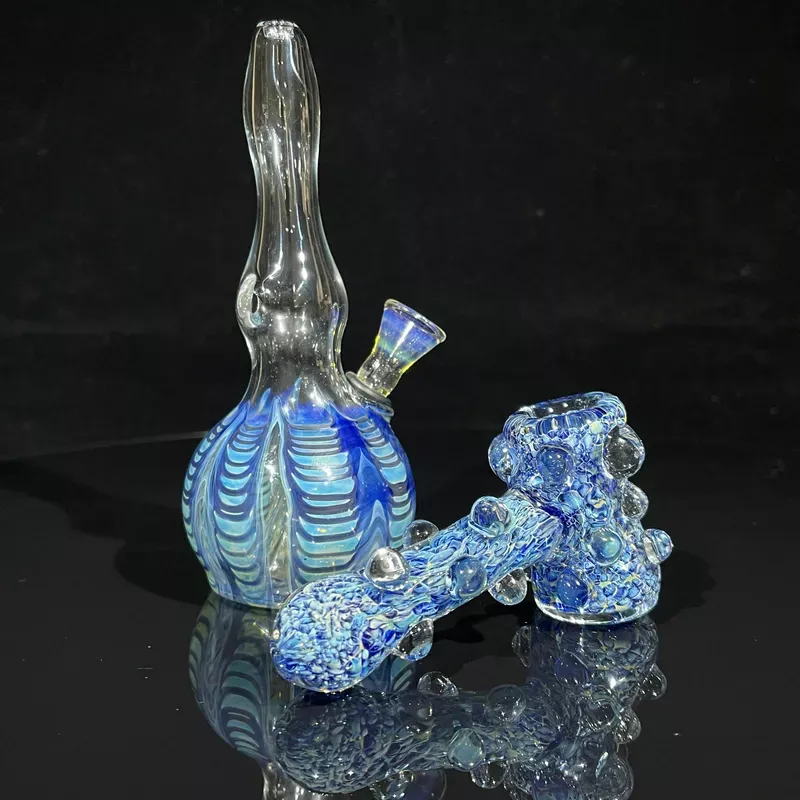 5″ Fumed Color Rake Mini Bong + Ocean Blue Marble Hammer Combo