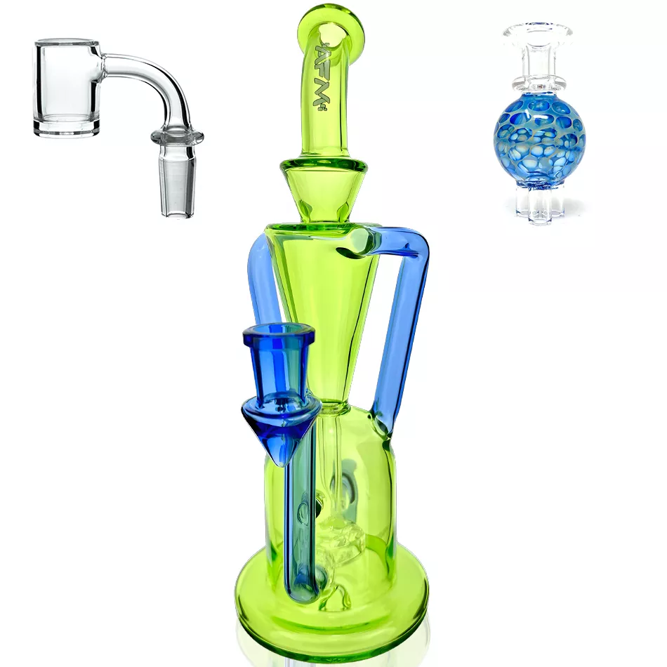 9 ” AFM Poppy Color Glass Recycler Dab Rig + Quartz Banger & Carb Cap Bundle