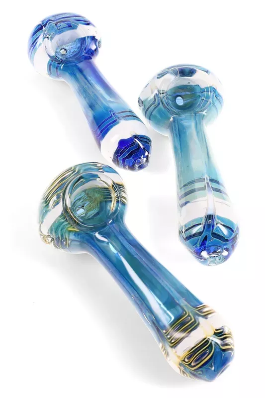 Blue Silver-Fumed Striped Glass Pipe “Blue Chameleon” – 4½″