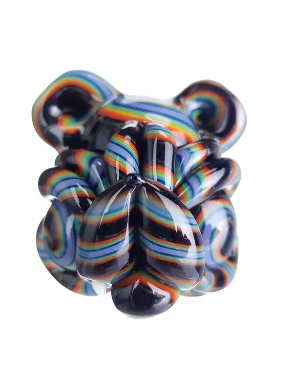 CASTO – “Teddy” Glass Pendant w/ Spiral Eyes – Black Rainbow Cane