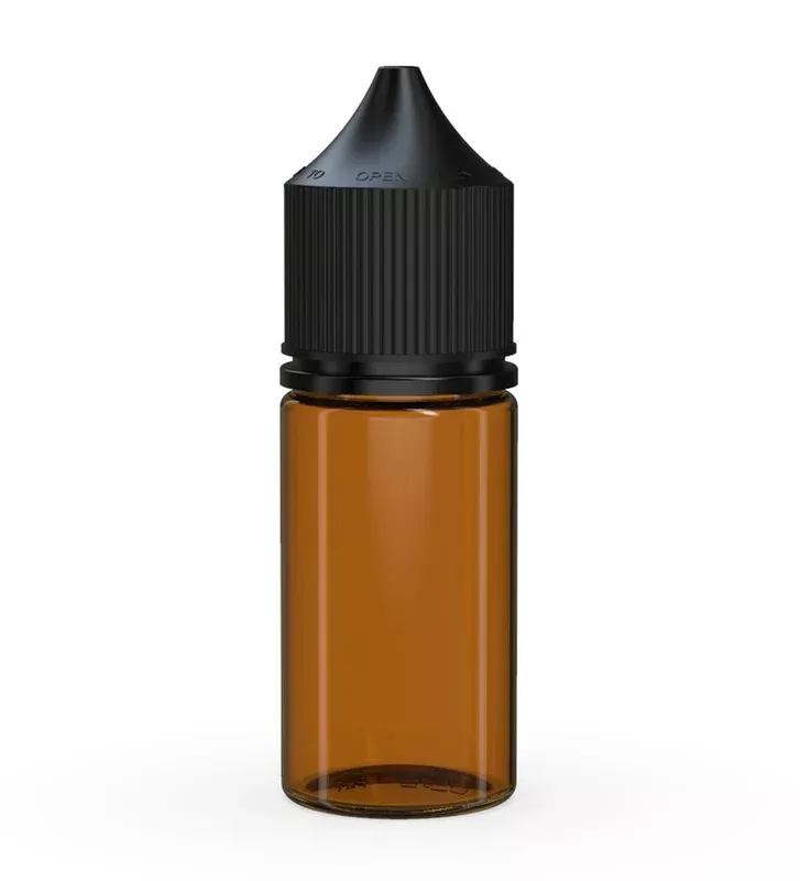 CHUBBY GORILLA | Child Resistant Stubby Unicorn PET Dropper Bottles Amber | 30mL – w/ Black Lid – 1000 Count