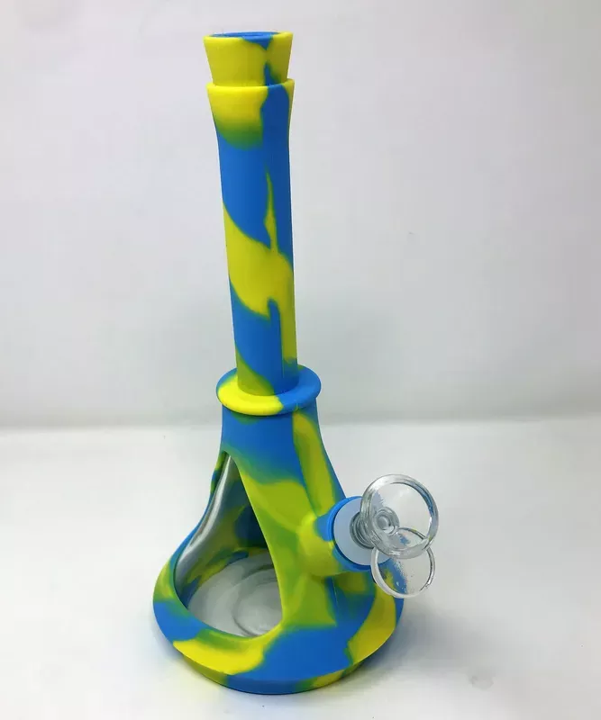 Detachable Silicone and Glass Beaker Bong – Yellow & Light Blue 14mm Bowl