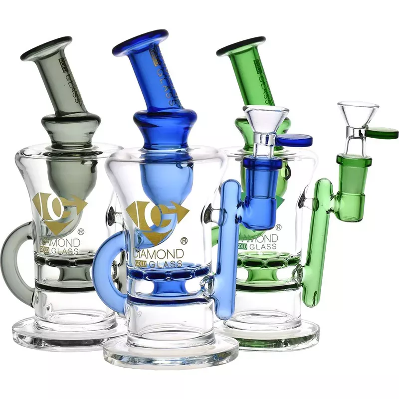 Diamond Glass Gold Ratchet Perc Recycler Water Pipe – 7.75 ” / 14mm F / Colors Vary