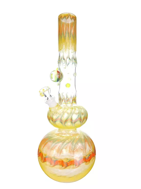 ED WOLFE – 15″ Fully Worked Wrap n’ Rake Double Bubble Bottom Bong w/ Clear Window – Yellow/Orange/Aqua