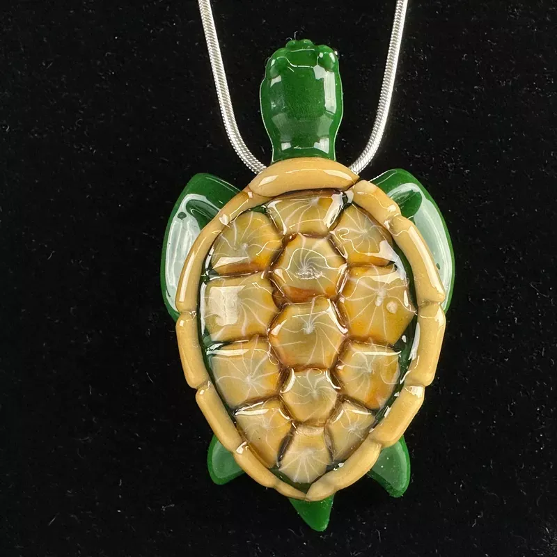 Forrest Green & Caramel Sea Turtle Pendant by Turtle Time Glass