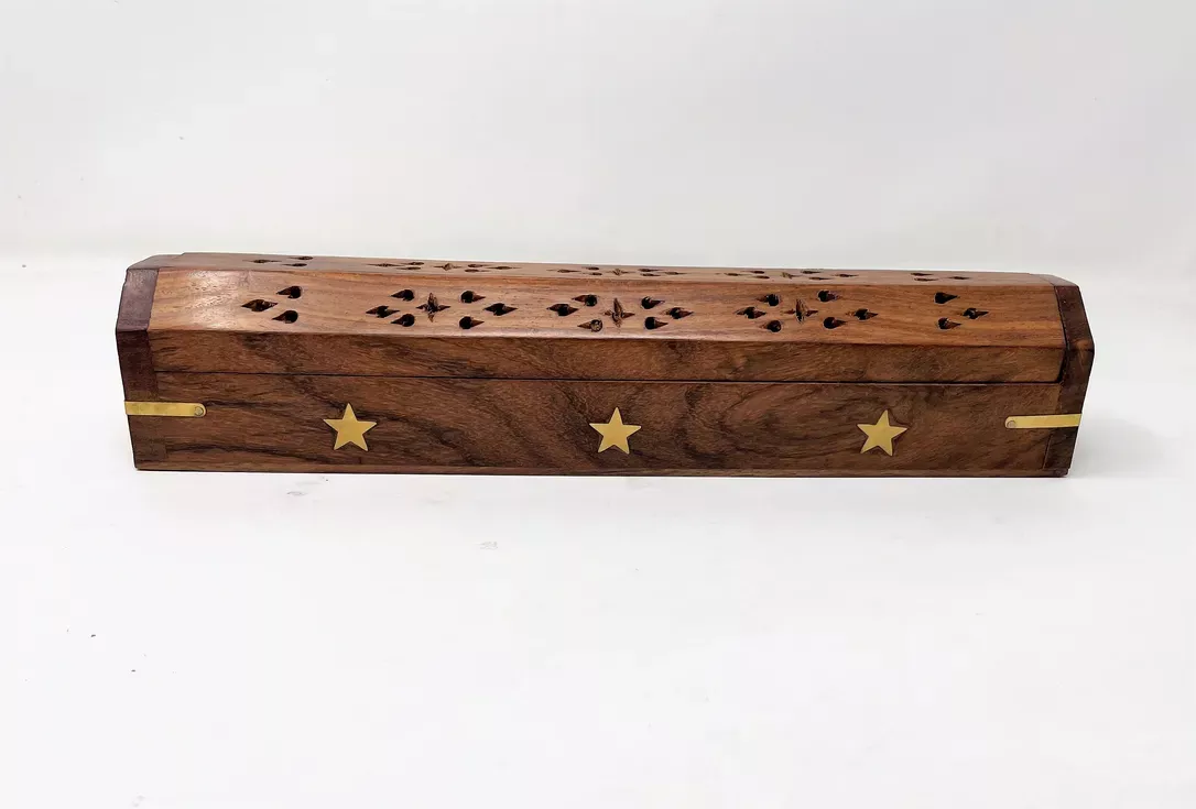 Handcrafted Wooden Coffin Incense Burner with Inlay Brass Stars & Cut Out Designs