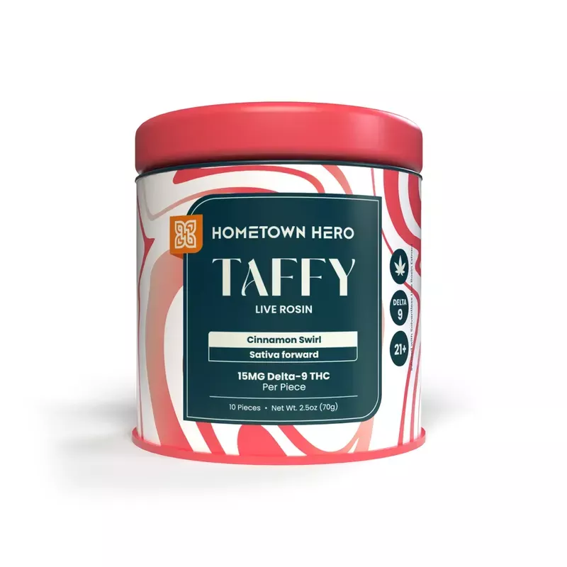 HOMETOWN HERO 15MG D9 LIVE ROSIN TAFFY (10CT/JAR) | CINNAMON SWIRL (SATIVA)