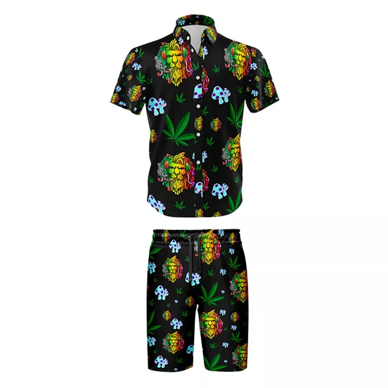 Lion Smoking Leaf Black Shirt and Short Set, Pack of 5 Sizes Sets, 1-M, 1-L, 1-XL, 1-XXL, 1-XXXL