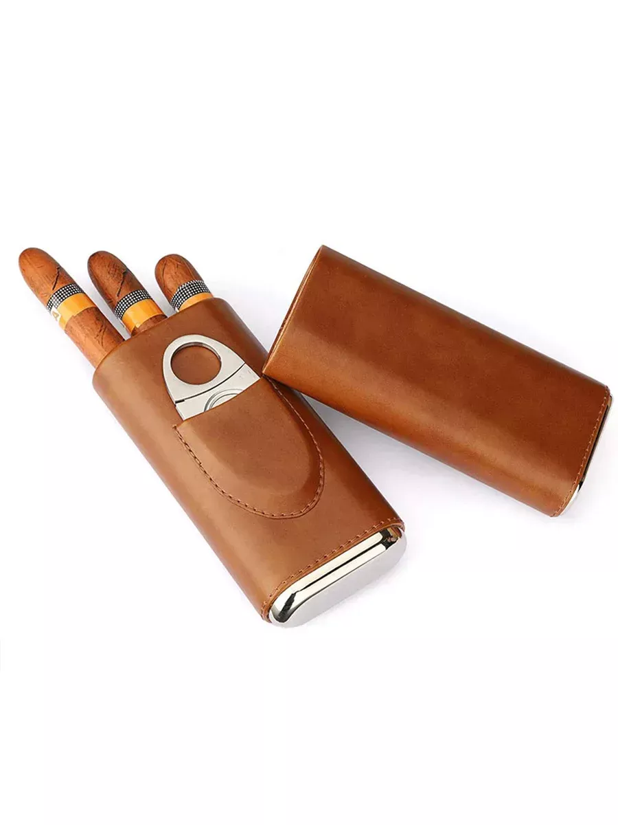 Luxury Leather 3-Cigar Case with Cutter – Black & Brown