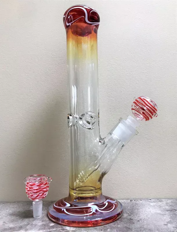 New! 12 ” Thick Straight Water Pipe/Bong with Amber Color Fumed Glass & 2 – 14mm Male Slide Bowls