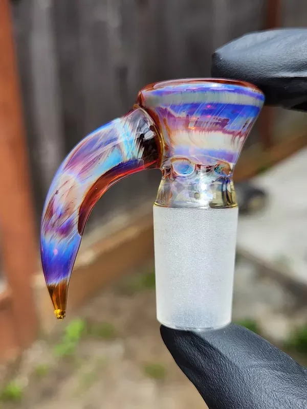 OJ FLAME – Full Color 4-Hole Martini Slide w/ Horn and 18mm Joint – Amber Purple #2