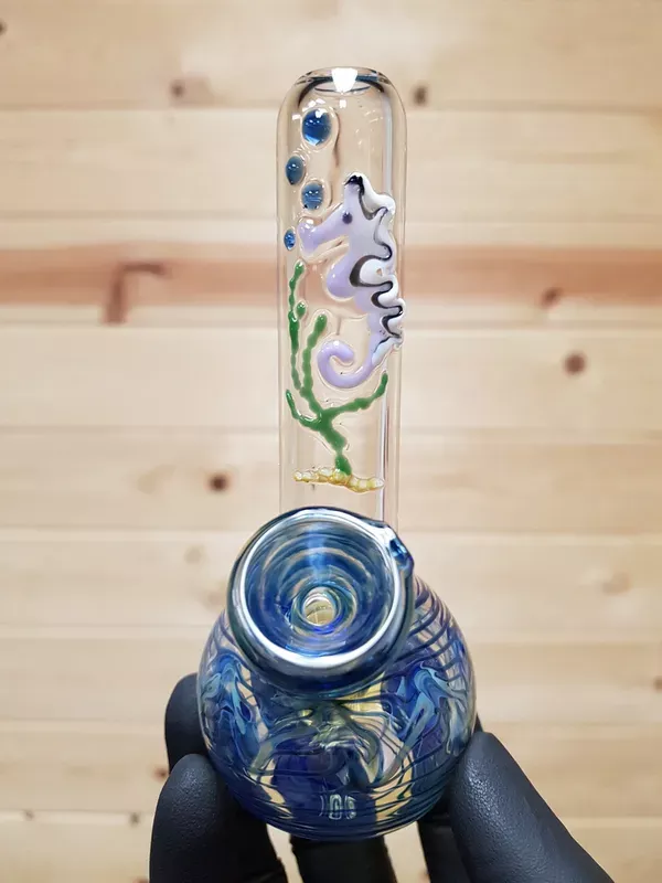 SAND TO HAND – Mini Bong Water Pipe w/ Wrap and Rake Artwork – Seahorse / Blue #1