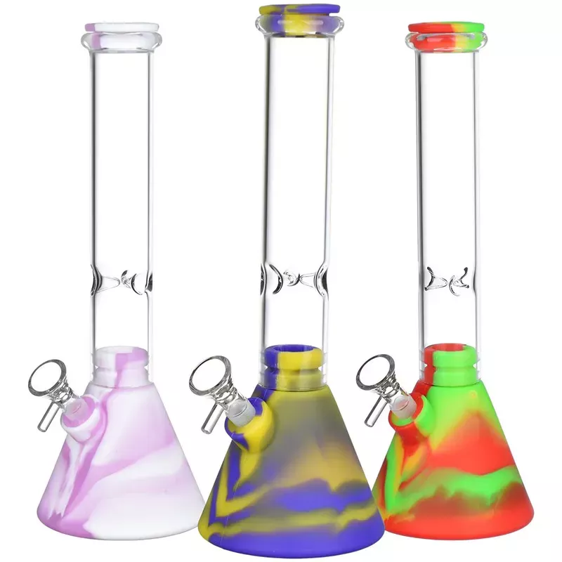 Silicone on Glass Beaker Water Pipe | 12 ” | 14mm F | Assorted Colors | 3ct Bundle