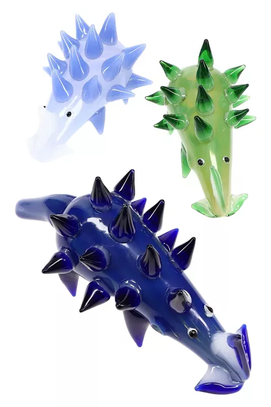 Silver-Fumed Glass Porcupine Hand Pipe “Prickle Puffer” – Assorted Colors