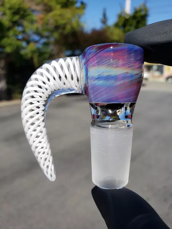 TORONTO FLAMEWORKING – 4-hole Martini Bowl Slide w/ Latticino Horn & 18mm Joint – #10