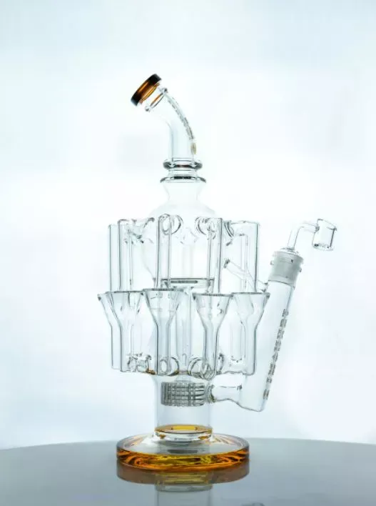 Tsunami 13″ Showerhead Eight Tube Recycler Water Pipe Rig – Amber