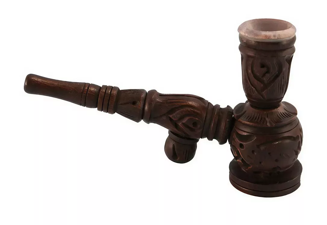 Wooden “Hukka ” Pipe With a Stone Bowl Insert