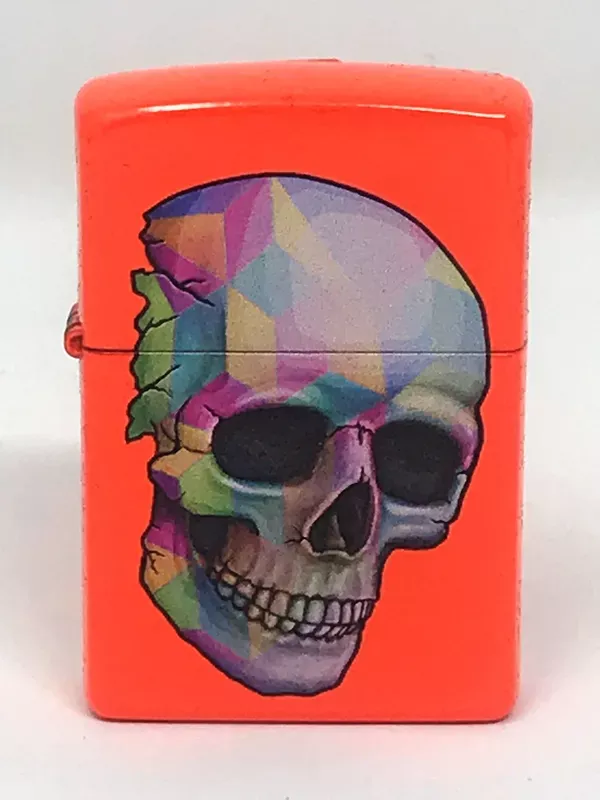 Zippo Lighter – Neon Orange with Multi Color Skull Design – Great for Outdoor, Indoor & Windproof Use